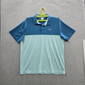 Under Armour Men Polo 2XL Blue Colorblock Activewear‎ Logo Golf Performance